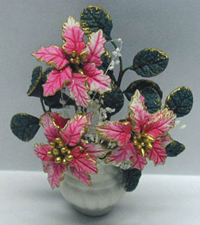 Dollhouse Miniature Pink Poinsettias/Pot (2-3/4)